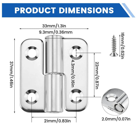 Dimensions of 4 Pack 1.5 Inch Stainless Steel Lift Off Hinges With Screws Detachable Slip Joint Flag Hinges