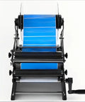 Heavy Duty Manual Bottle Labeling Machine For Cans And Plastic Glass Bottles With Widening Design For Easy Use, showing blue label roll.
