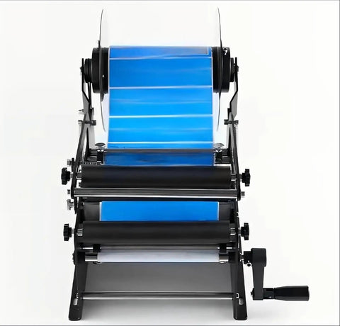 Heavy Duty Manual Bottle Labeling Machine For Cans And Plastic Glass Bottles With Widening Design For Easy Use, showing blue label roll.