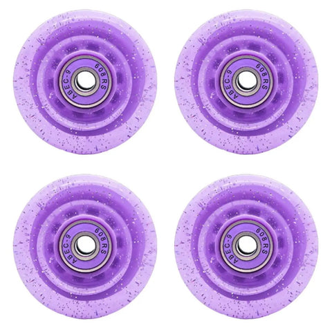 Glitter Purple 82A Quad Roller Skate Wheels 4 Pack PU Replacement Wheels For Outdoor Indoor Use displayed from top view