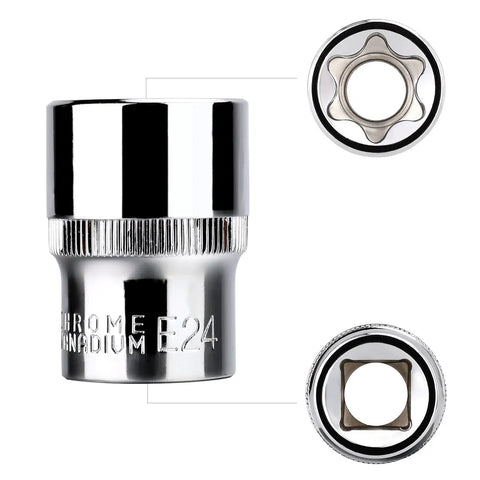 Chrome socket with knurled grip and internal view of hex and star ends, part of a Three-Piece Go-To 1/4-Inch Drive Extension Bar Set