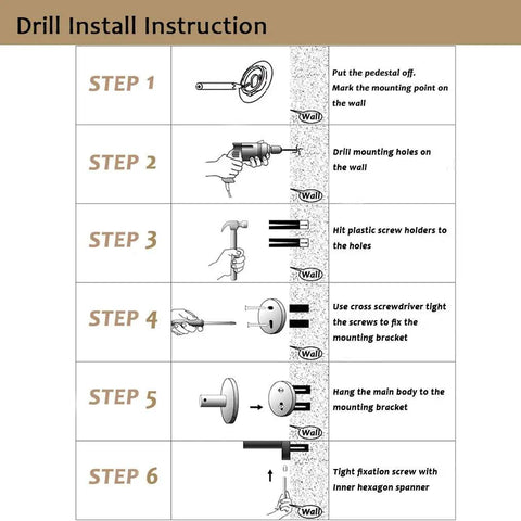 Installation steps for wall mounting the Oil Rubbed Bronze 24 Inch Towel Rack With Foldable Shelf, including drilling and securing.