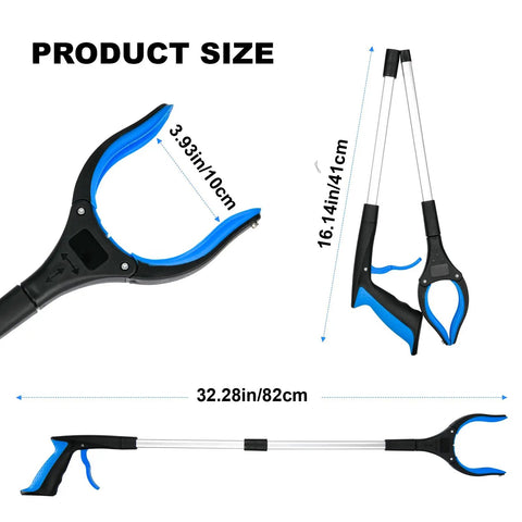 32-Inch Grabber Reacher Tool Set With 360-Degree Rotating Head, Wide 4-Inch Claw, Foldable Grabber For Seniors, Anti-Slip Grip, No Bend Needed For Floor, Trash, Shelves And Car Seats, Blue