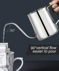 Gooseneck Pour Over Kettle 12 Oz Stainless Steel Coffee Teapot With Slim Long Spout For Precise Drips in use over mug