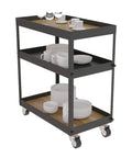 Three Tier Industrial Rolling Bar Cart With Thick Oak Shelves And Silent Casters For Living Room Hosting Hella Smooth Mobile Serving Trolley Top Shelf Storage Rack with dishes and glasses.
