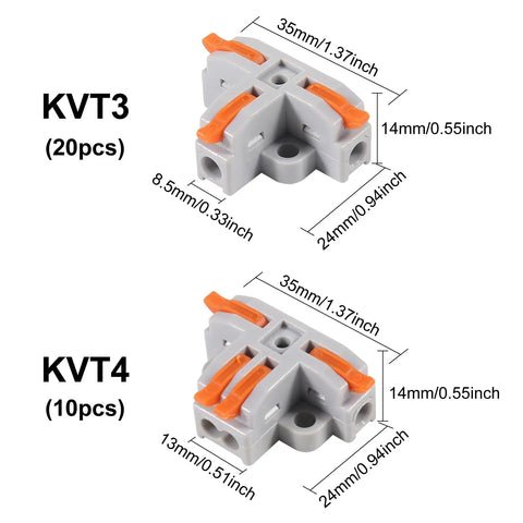 Dimensions of KVT3 and KVT4 connectors in 30 Pack T Tap Wire Connectors Kit with 3 and 4 Port Quick Push In Splitters For 24 12 AWG Wire.