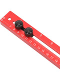 Rock Solid Heavy Duty 4 In 1 Aluminum Router Jig Kit With Quick Assembly Backer Bracket showing a red calibration ruler with knobs.