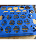 Top view of blue Detachable 50 mL Centrifuge Vial Rack For Lab Use, 25 Well Test Tube Holder, resting on a wooden surface.