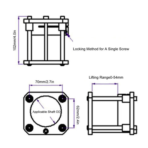 Heavy Duty Router Table Lift Kit For Woodwork schematic with dimensions, shows lifting range from 0 to 54 mm and locking method.