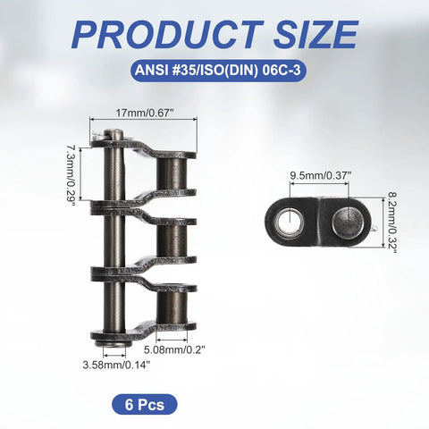 Top Notch ANSI 35 Roller Chain Offset Half Links With 9.5mm Pitch And Strong Manganese Steel Build, 6 pcs set with measurements.