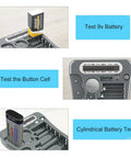 All In One Battery Tester With Crisp LCD Display showing tests for 9V, button cell, and cylindrical batteries, home or shop use.