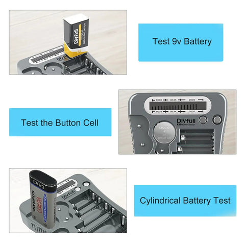 All In One Battery Tester With Crisp LCD Display showing tests for 9V, button cell, and cylindrical batteries, home or shop use.