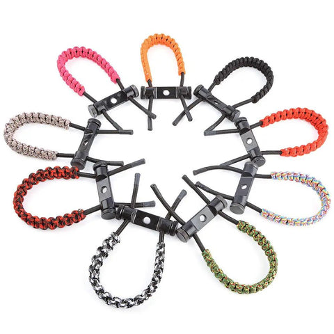 Various colors of Braided Adjustable Archery Bow Wrist Sling With Aluminum Mounts For Compound Bow And Crossbow Pink Nylon Rope Wrist Strap Go To Shock Absorber Ready Outdoor Target Shooting Accessory arranged in a circle.