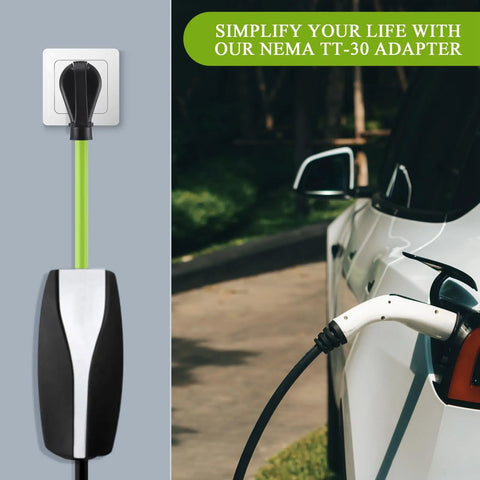 Tesla Compatible Nema TT-30 Adapter For Gen 2 Mobile Connector plugged into a 120V socket charging an electric vehicle.