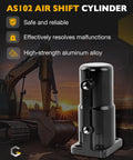 AS102 Air Shift Cylinder in aluminum, shown in front of a construction site. Highlighted features include safety, reliability, and strength.