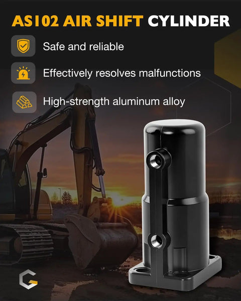 AS102 Air Shift Cylinder in aluminum, shown in front of a construction site. Highlighted features include safety, reliability, and strength.
