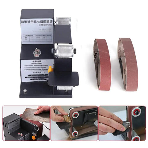 Heavy Duty Mini Bench Belt Sander delivers slick seven speed precision with adjustable platform and ten quality sanding belts.