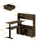 Cool L Shaped Electric Standing Desk In Dark Walnut With Smart Hutch And Built In Storage For Home Office, Moves From Sitting To Standing Fast With Memory Presets For Your Daily Work Grind, dimensions visual
