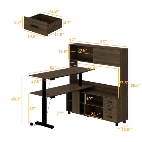 Cool L Shaped Electric Standing Desk In Dark Walnut With Smart Hutch And Built In Storage For Home Office, Moves From Sitting To Standing Fast With Memory Presets For Your Daily Work Grind, dimensions visual