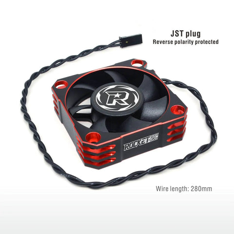 Fifty Millimeter RC Cooling Fan With Ten Thousand RPM Dope Brushless Motor Heatsink And ESC Cooling For One Fifth Scale RC Cars Red Anodized Aluminum Lightweight Durable Performance Cooling Solution For Hot Motors shown with black and red design, 50mm size.
