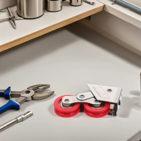 Heavy Duty Stainless Steel Double Roller Wheels For Sliding Door Replacement Kit on a workbench with tools.
