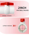 Two Pack 2 Inch PVC Ball Valves With T Handle No Fuss Water Shut Off Slip Socket Fittings For Pools Irrigation Sewage And Home Water Projects 150 PSI Rated, showing size dimensions