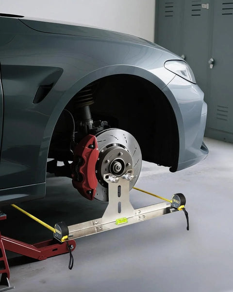 Garage Ready Heavy Duty Wheel Alignment Tool Kit with tape measures for cars trucks and SUVs stainless steel toe alignment tools in use