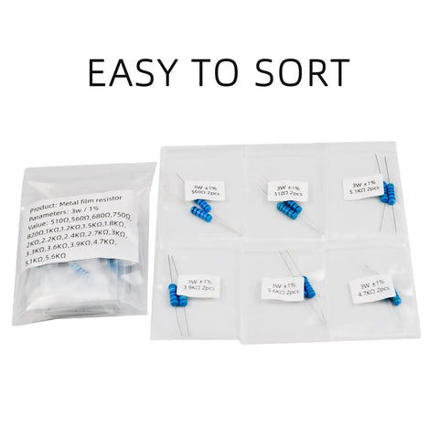 3W Metal Film Resistor Kit 200-Piece in labeled bags, showing easy sorting, values from 1 Ohm to 1M Ohm for DIY electronics projects.