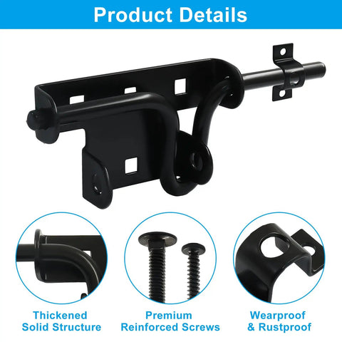 Built Tough Heavy Duty Slide Bolt Latch 2 Pack Black Steel Gate Lock with solid structure and reinforced screws for outdoor use.