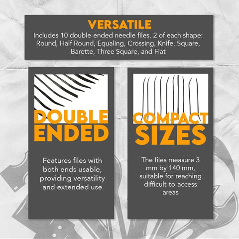Packaging details of Riffler File Set 10 Piece Precision Double Ended Metal Hand Files for detailing and finishing