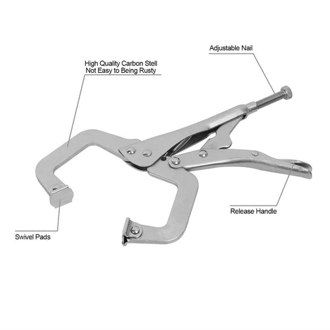 Six Pack 11 Inch C Clamp Locking Pliers Set With Swivel Pads Heavy Duty Woodworking Clamps For Metal And Wood Adjustable Nickel Plated C Clamps Durable Quick Release Pliers For Diy Projects showing detailed features including swivel pads and adjustable nail.
