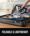 Gorilla Grip reacher grabber with blue and black rubber-lined claw used to lift items from an open suitcase