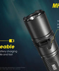 Mh11 1000 Lumen Rechargeable Flashlight With USB C Fast Charge, close-up of USB-C port and durable design