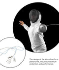 Fencer in action with Fencing Body Cord And Mask Connector Cord For Foil, Durable, Easy Install Fencing Equipment Accessory displayed below.