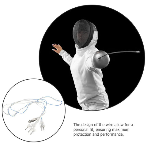 Fencer in action with Fencing Body Cord And Mask Connector Cord For Foil, Durable, Easy Install Fencing Equipment Accessory displayed below.