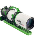 65mm Apo Flatfield Astrograph With 416mm Focal Length F6.4 Quadruplet Air Spaced Optics Full Frame Ready For Deep Sky Imaging And Visual Astronomy No Flatteners Needed, featuring green and white design, shown in side angle view on mounting rail.