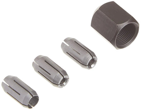 Replacement Collet And Nut Kit For Spiral Saws And Drywall Routers with three collets and one nut displayed on white background.