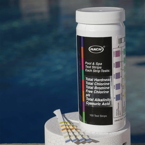 Container of 7-Way Pool And Spa Test Strips For pH, Total Chlorine, Free Chlorine, Bromine, Alkalinity, Total Hardness, Cyanuric Acid