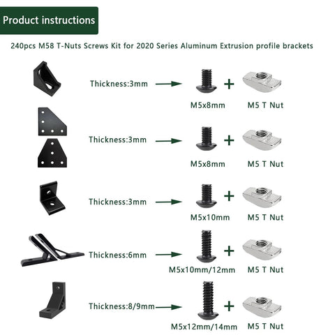 Front view diagram of 240-piece M5 T-nuts and screws kit for 2020/2040/2080 aluminum extrusion, includes 120 screws, 120 T-nuts, hex wrench.
