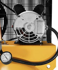 Close-up of motor and gauge on the 80 Gallon Vertical Air Compressor With 2 Stage Oil Lubricated Pump Heavy Duty Workhorse 240V Induction Motor 175 Max PSI And 14 6 SCFM At 100 PSI Durable Pro Grade Industrial Power For Pros