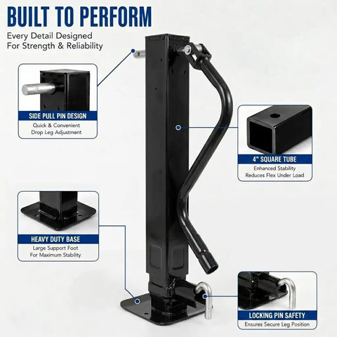 Heavy Duty Weld On Trailer Jack For Utility Trailers With 12000 Lbs Hold and 4 Inch Square Tube Frame side pull pin design and heavy duty base.