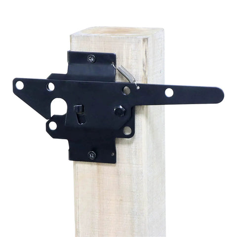 Heavy Duty Self Locking Post Mount Automatic Gravity Lever Gate Latch For Wooden Fences With Fasteners Black Powder Coated Steel Gate Latch To Secure Pool Yard Garden And Outdoor Space mounted on wood post