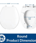Commercial Heavy Duty Open Front Toilet Seat With Cover, Round White with product dimensions and round fitting guide