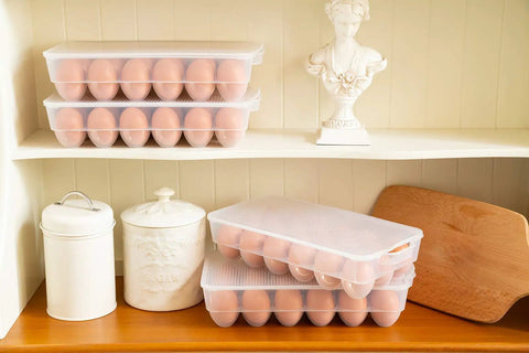 Covered Egg Holder For Fridge That Keeps Up To 18 Eggs Fresh, Heavy Duty Plastic Egg Storage Organizer on shelves