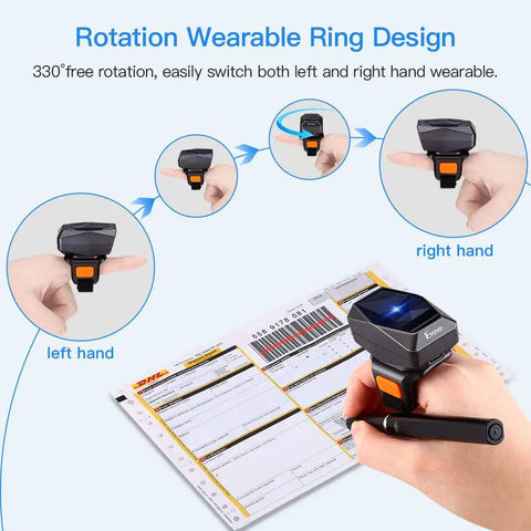 Rotation wearable 1D Finger Ring Barcode Scanner With Bluetooth And 2.4GHz Wireless And USB Wired Options shown on right hand