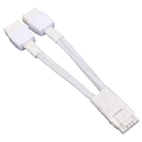 Angled front view of white braided 8-pin to 16-pin GPU power cable with welded terminals