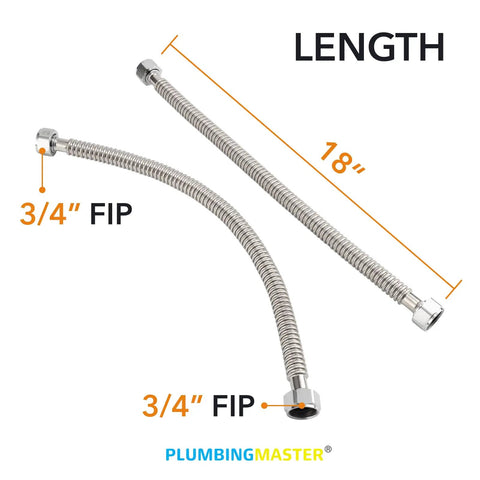 Stainless Steel Corrugated Water Heater Connector 18 Inch With 3/4 Inch FIP Ends, two flexible hoses displayed