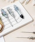Front view of a 7-piece grease gun needle tip kit with metal adapters and nozzles for tight spaces