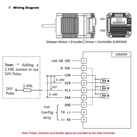Wiring diagram for Beefy Integrated Closed Loop Stepper Motor With Pulse Direction Control Interface Built In Encoder Motion Controller And Driver For CNC And 3D Printers 0.43Nm Torque 1.7A 24 To 48VDC Plug And Play Ready, showing connections and resistor details.