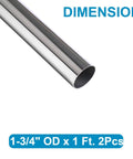 304 stainless steel round tube, side view, 1-3/4 in OD x 1 ft, welded, 2 pcs.